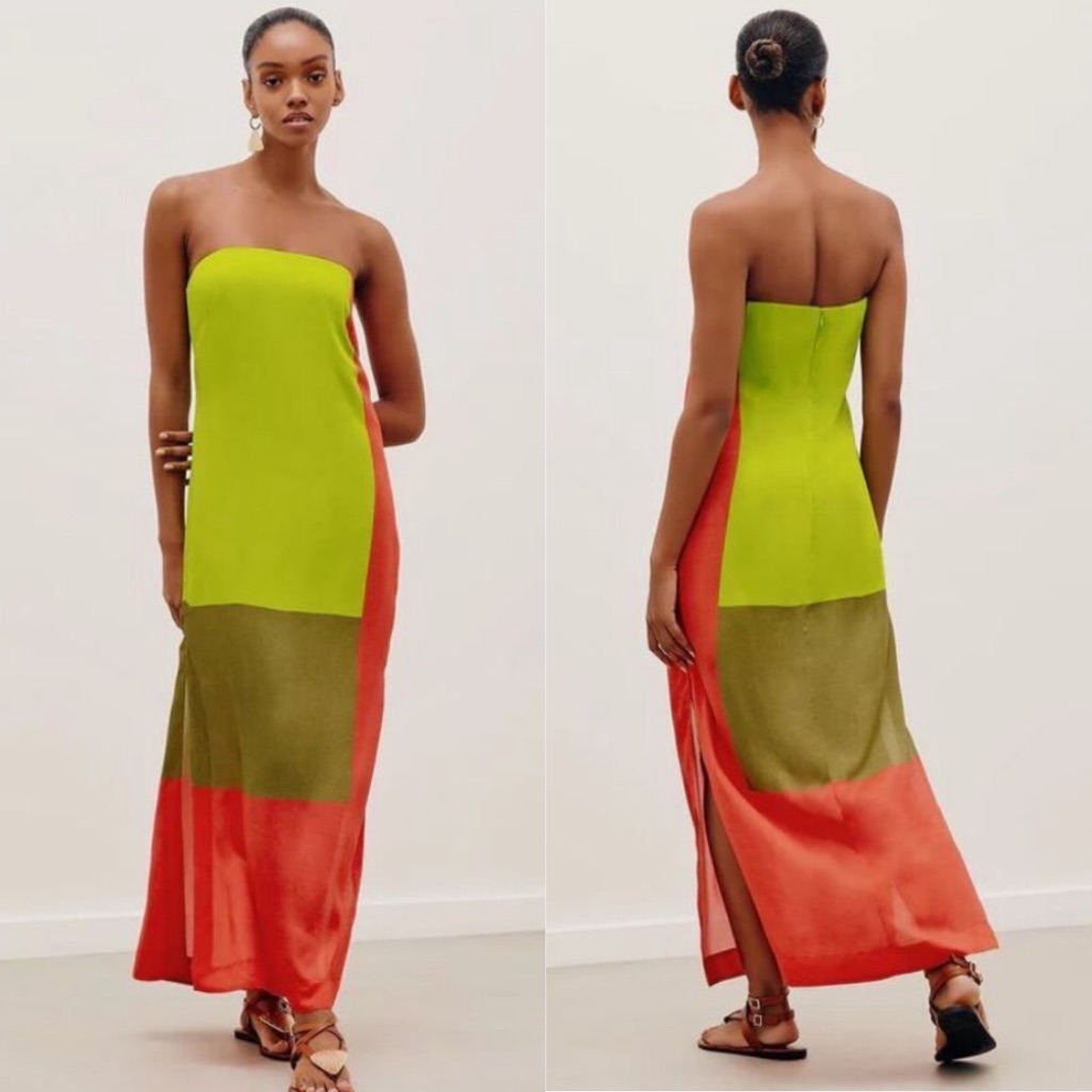 New! Vix Paula Hermanny Penelope Colorblock Silk Blend Strapless Maxi Dress Sz 2